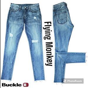 Flying Monkey Distressed Frayed Blue Denim Jeans Raw Womens Buckle Skinny